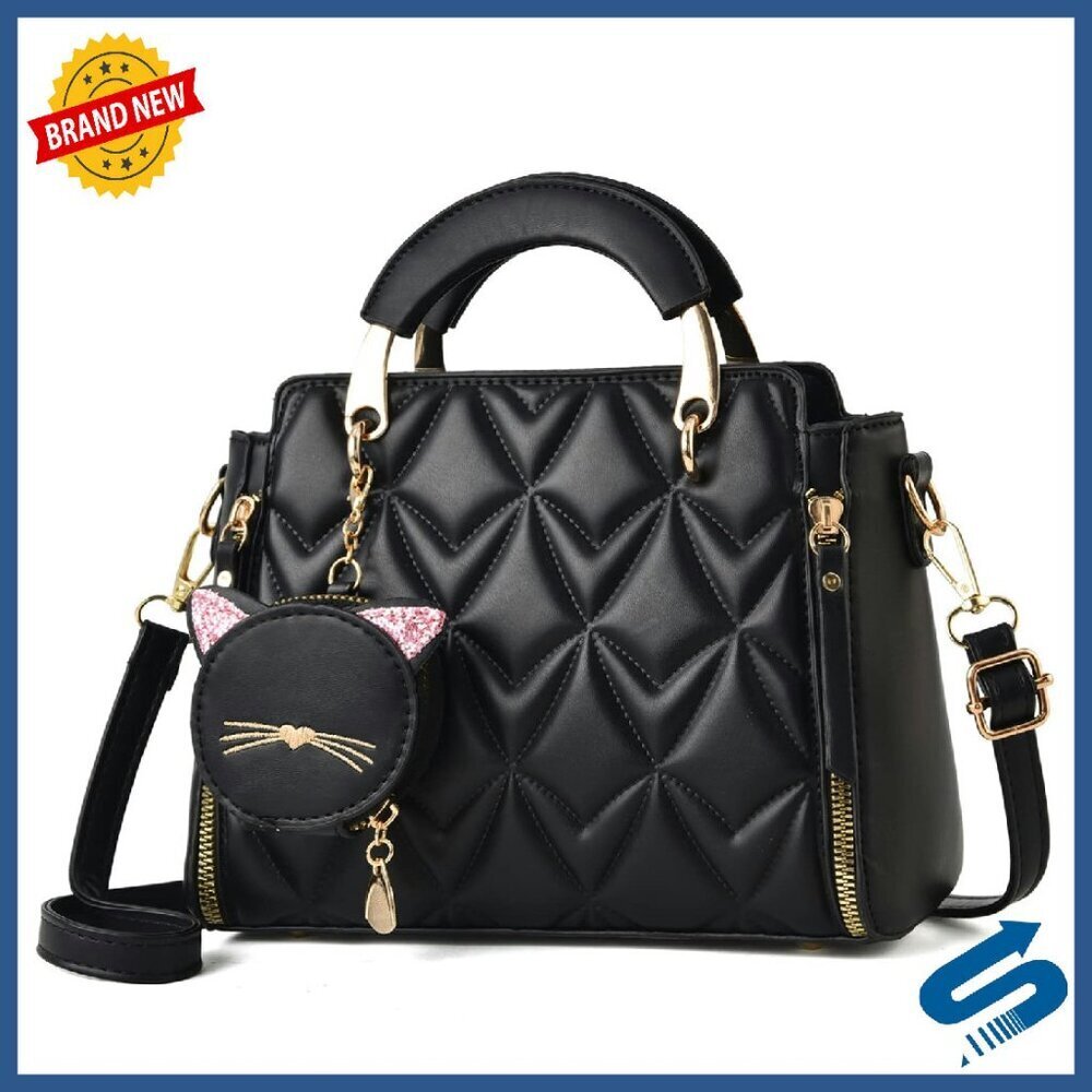 PU Leather Mini Tote Crossbody Bag with Kitten Pendant - 9.8x7.5x3.9